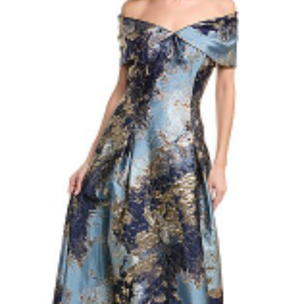 Teri Jon by Rickie Freeman Metallic Jacquard Gown in Blue Multi